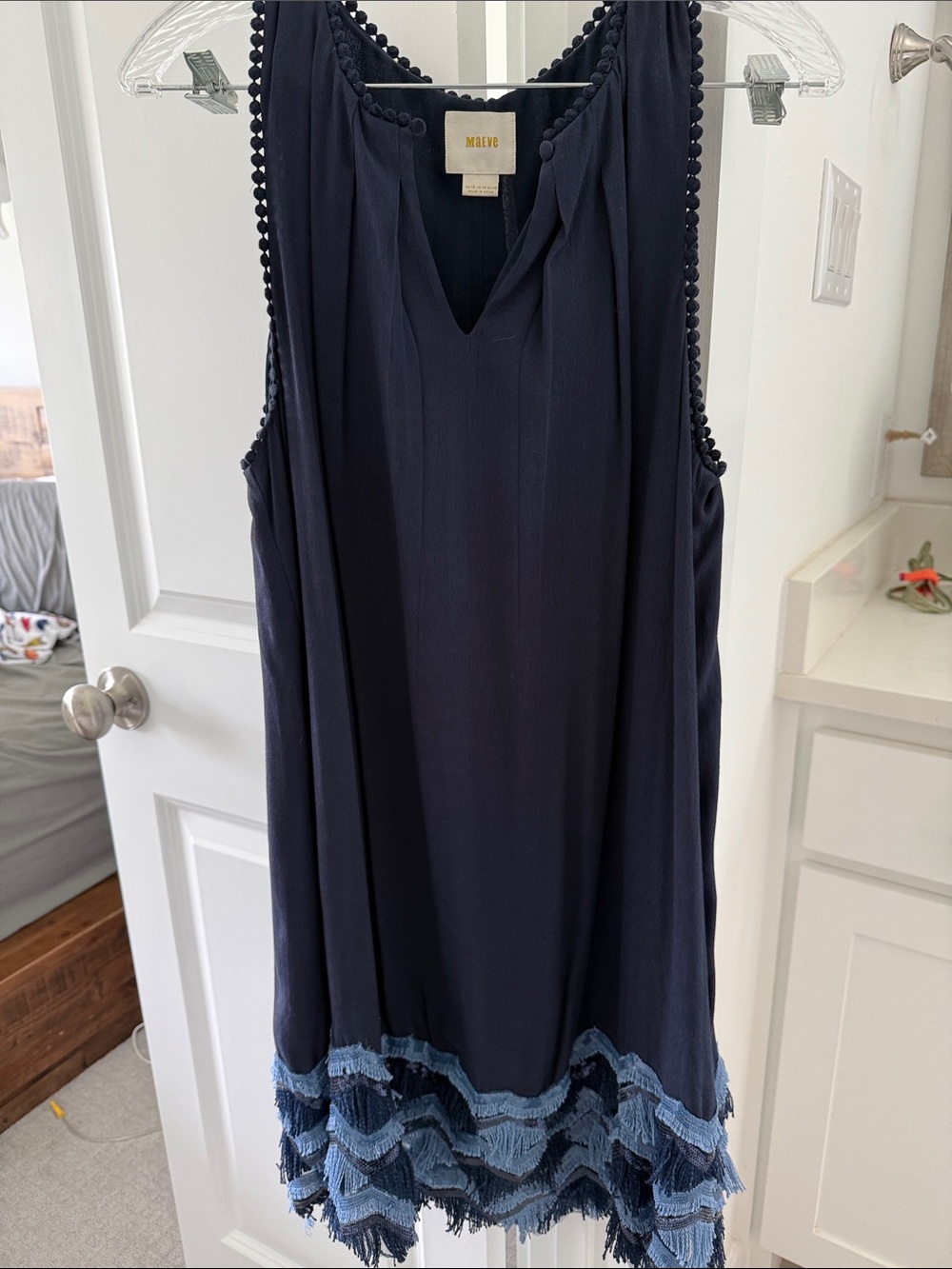 Maeve Navy Shift Dress with Layered Fringe Hem